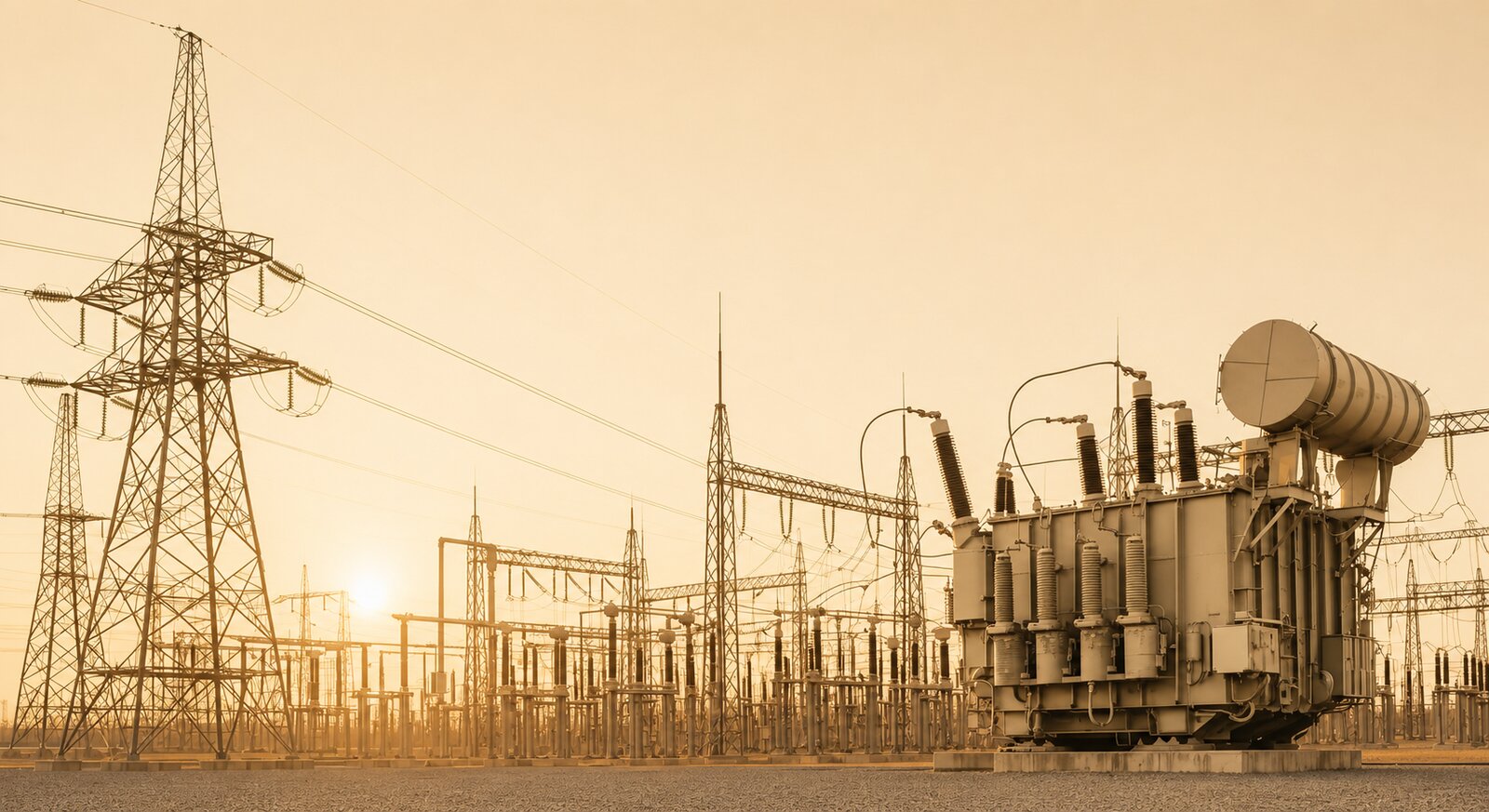 High-voltage transmission infrastructure at sunset