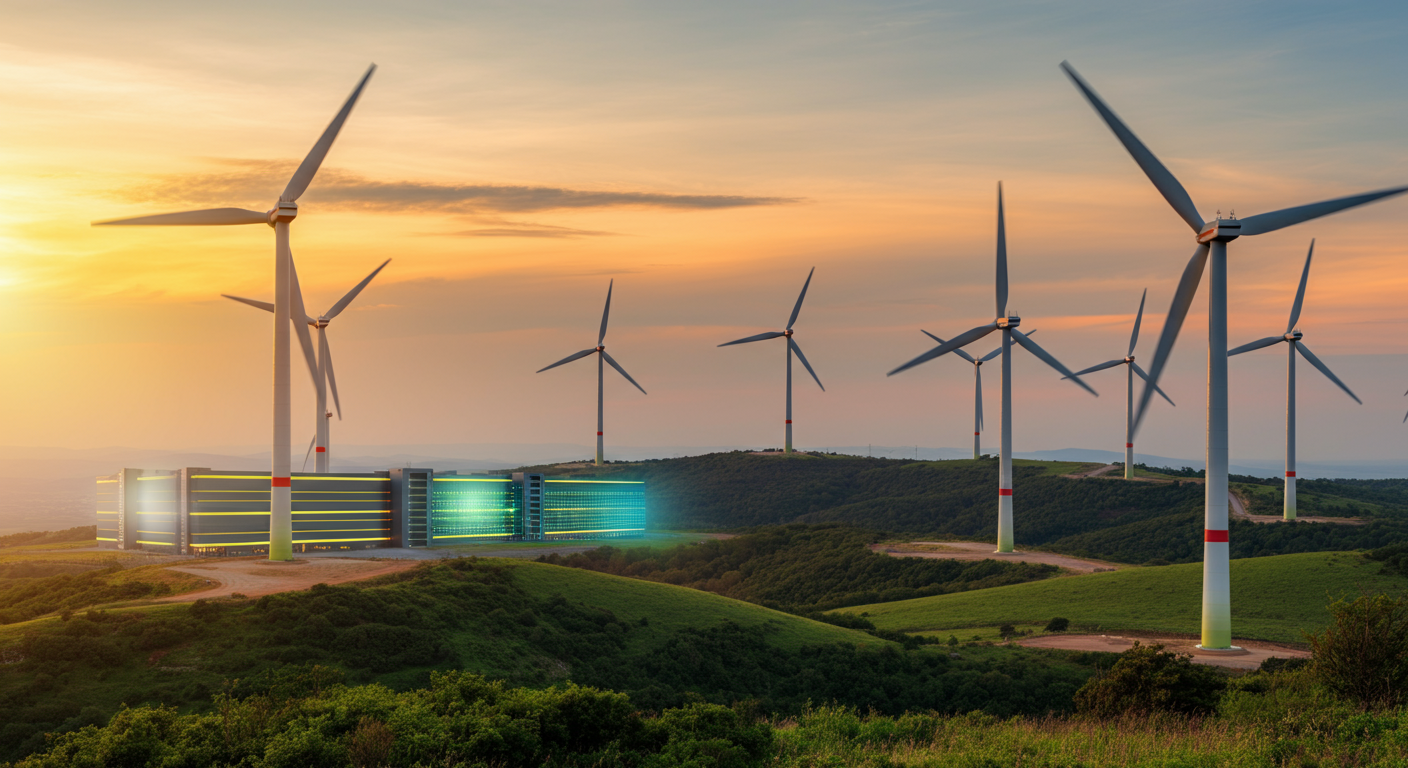 Wind turbines and renewable energy infrastructure at dusk