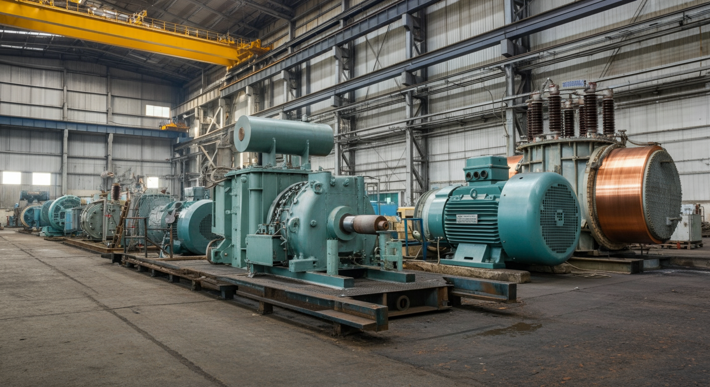Industrial motors and electrical equipment on factory floor