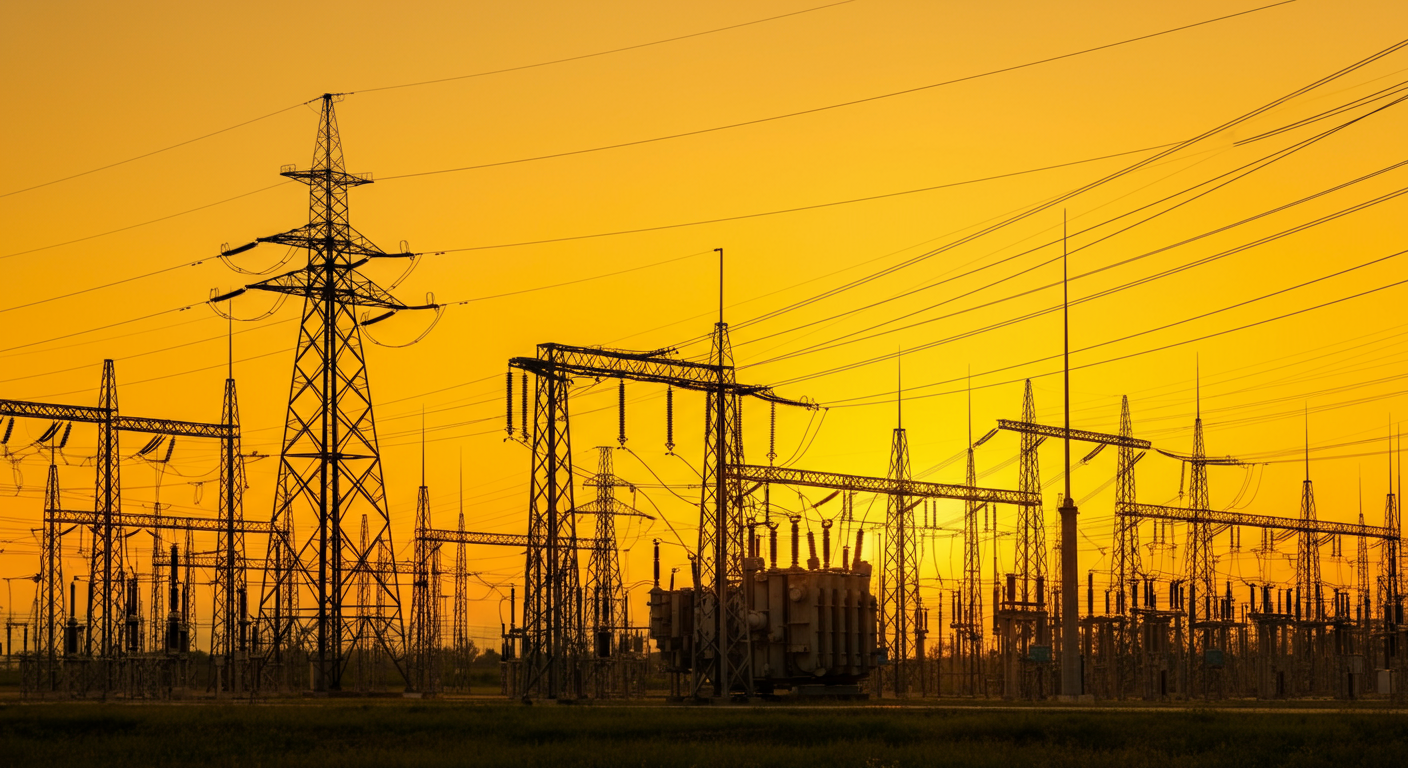 High-voltage transmission substation at sunset